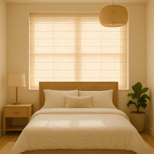 Bedroom with light filtering blinds