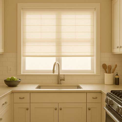 Kitchen with light filtering blinds