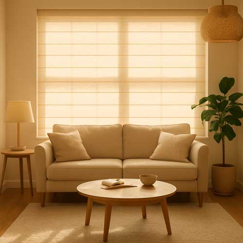 Living room with light filtering blinds